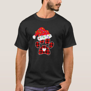 T-shirt Buffalo Plaid Christmas Paw Dog Avec Santa Hat Lig