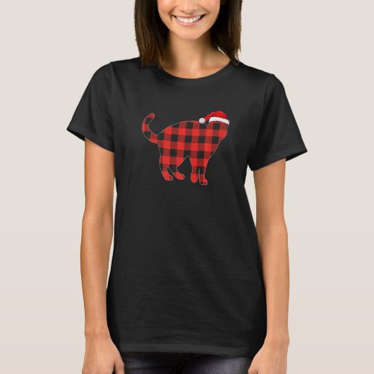 T-shirt Buffalo Plaid Pajama Santa Hat Chat Match de Noël (Devant)