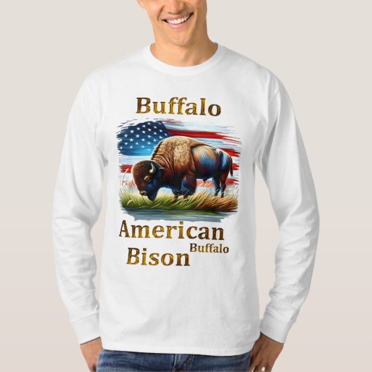 T-shirt Buffle debout dans le champ d'herbe avec drapeau a (Devant)