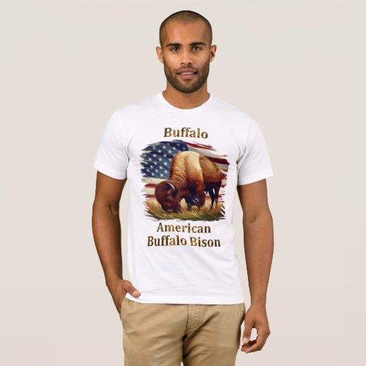 T-shirt Buffle debout devant le drapeau américain (Devant entier)