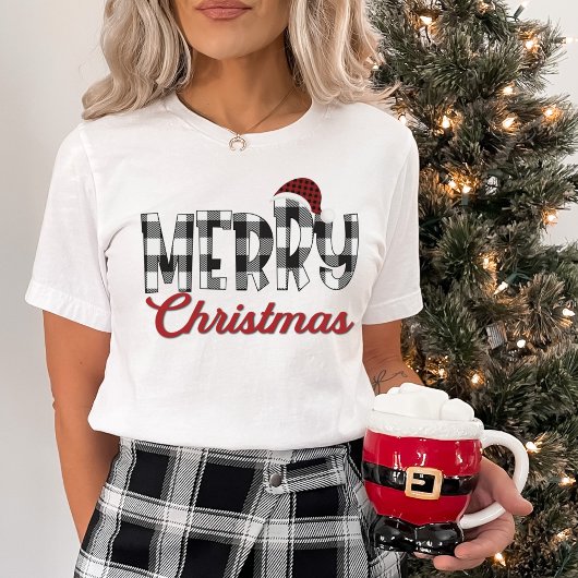 T-shirt Buffle noir et blanc Plaid Cheveux Joyeux Noël
