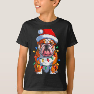 T-shirt Bulldog anglais Chien Lumières de Noël Chapeau de
