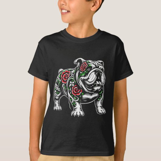 T-shirt Bulldog Floral Red Rose Mens Womens  (Devant)