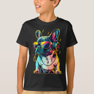 T-shirt Bulldog français Rétrowave avec casque et Sungl