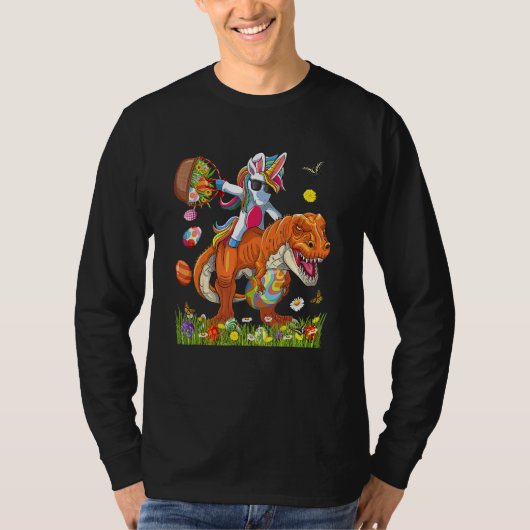 T-shirt Bunny équitation Dinosaure tenant Panier Oeufs Pâq (Devant)