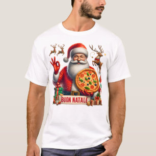 T-shirt Buon Natale Père Noël italienne avec pizza et renn