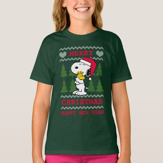 T-shirt cacahuètes | Snoopy & Woodstock Santa Claus Hug (Devant)