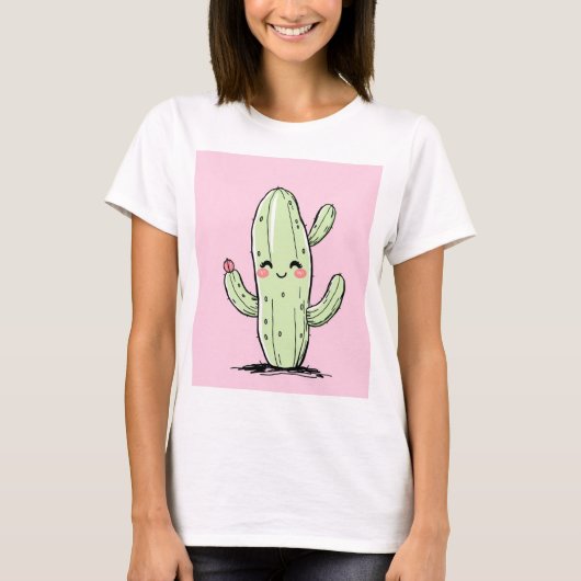 T-shirt Cactus mignon avec arrière - plan rose (Devant)