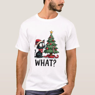 T-shirt Cadeau de chat noir drôle poussant l'arbre de Noël
