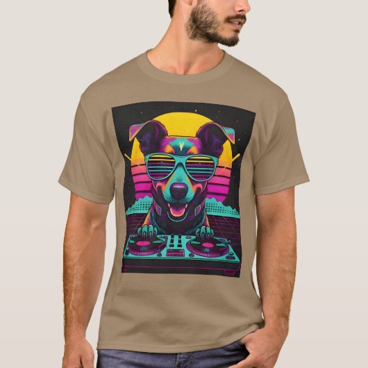 T-shirt Cadeau DJ Synthwave Neon Pup (Devant)