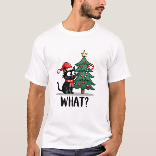 T-shirt Cadeau drôle de chat noir poussant l'arbre de Noël
