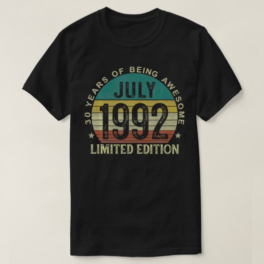 T-shirt Cadeaux de 30 ans Juillet 1992 Édition limitée 30e (Design devant)