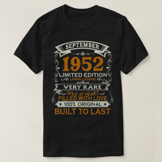 T-shirt Cadeaux de 70 ans Septembre 1952 Edition Limitée (Design devant)
