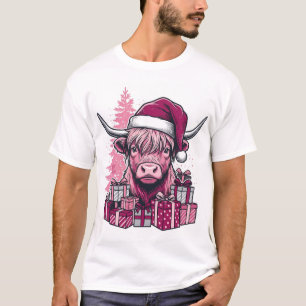 T-shirt Cadeaux de Noël de vache des Highlands rose Art vi