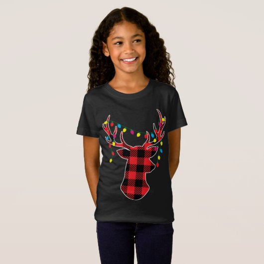 T-Shirt Cadeaux de Noël noirs rouges Buffalo Plaid Deer (Devant entier)