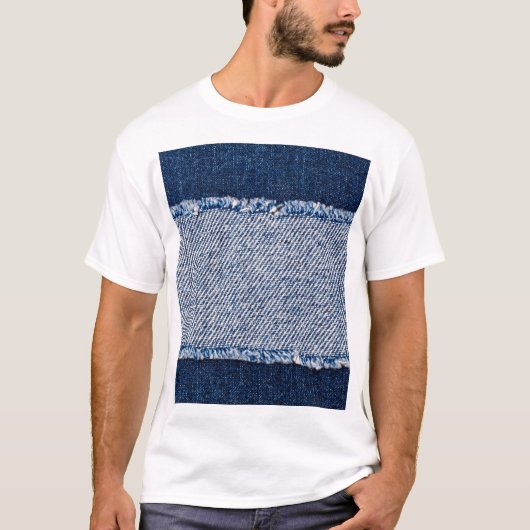 T-shirt Cadre de jean bleu denim fringé. (Devant)