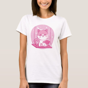 T-shirt Café Cat Rose Cute, Chaton Swing Caféine Boire