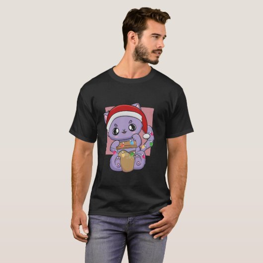 T-shirt Café Chat Kitten Anime Chibi Neko Mignonne Noël (Devant entier)