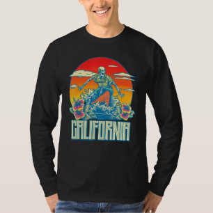 T-shirt California Surfing Skeleton Skull Dead Waves Retro