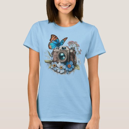 T-shirt Caméra, papillon et fleurs de 35 mm (Devant)