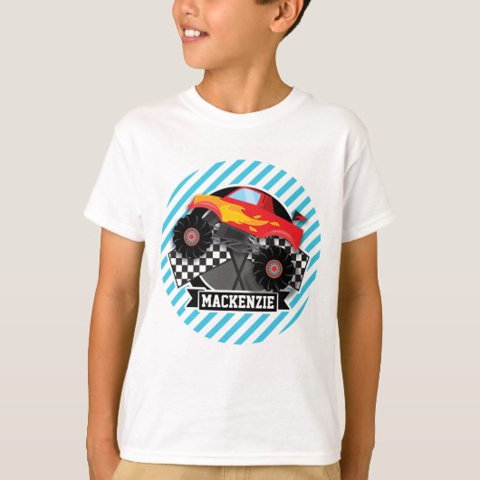 T-shirt Camion Monster Rouge ; Drapeau À damiers ; Bleu (Devant)