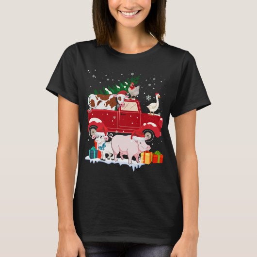 T-shirt Camion Rouge Joyeux Noël Animaux Aime Ferme Farme (Devant)