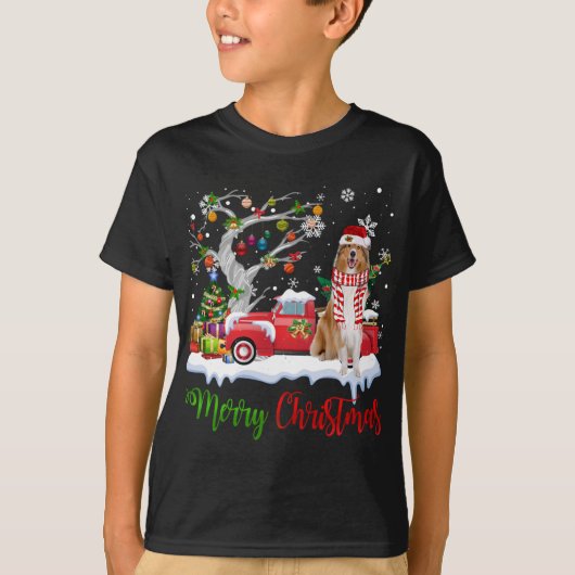 T-shirt Camion Rouge Joyeux sapin de Noël Arbre rondi Coll (Devant)