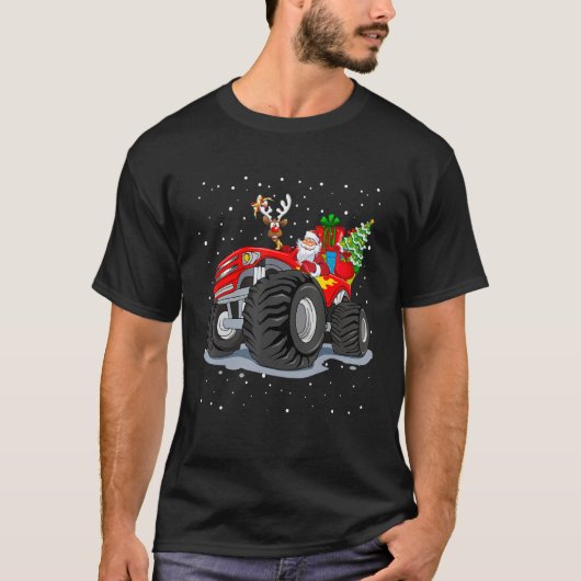 T-shirt Camion Rouge Monster Avec Père Noël Christmas Tree (Devant)