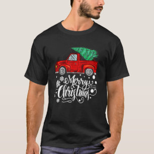 T-shirt Camion Rouge vintage Avec Joyeux Arbre De Noël Fam