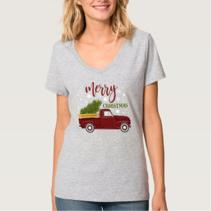 T-shirt Camion Rouge Vintage Joyeux Noël Arbre Rétro