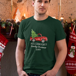 T-shirt Camion Vintage de Noël de famille Vert personnalis
