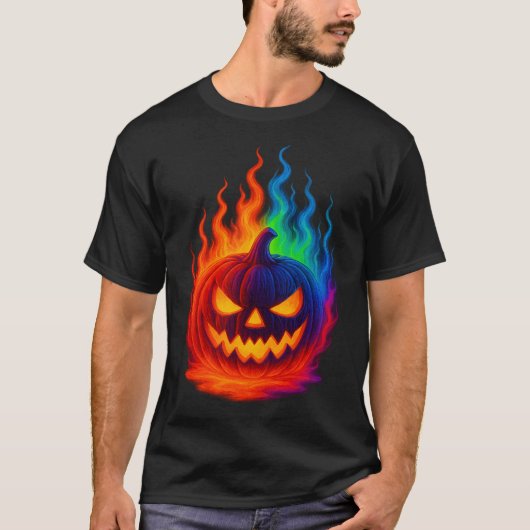 T-shirt Camiseta Calabaza de Halloween en Llamas Arcoíris (Devant)