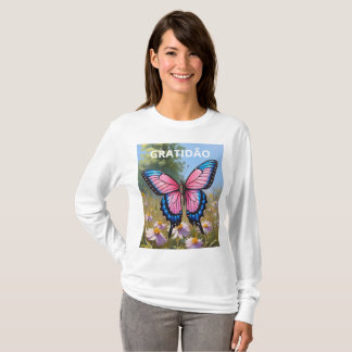 T-shirt Camiseta Feminina Básica Mangas Longas Borboleta