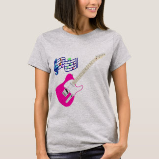 T-shirt Camiseta Guitarra Rosada Con Notas Musicales