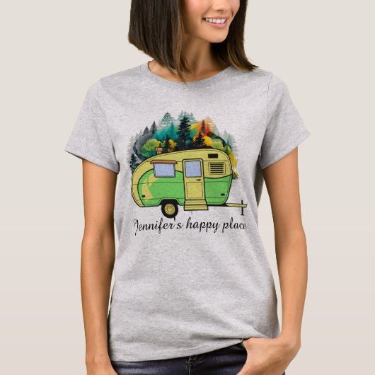 T-shirt Camping, caravane, forêt, endroit heureux (Devant)