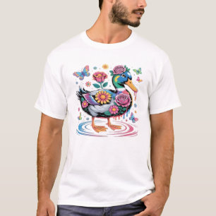 T-shirt Canard Fantastique Coloré avec Fleurs et Papillons