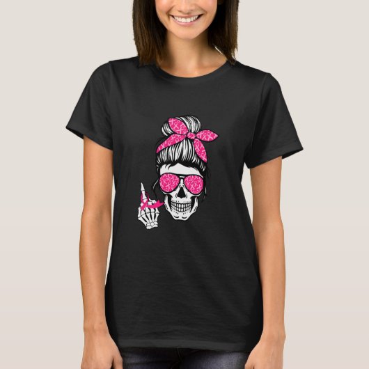 T-shirt Cancer du sein Doigt moyen Squelette Pink Ruban (Devant)