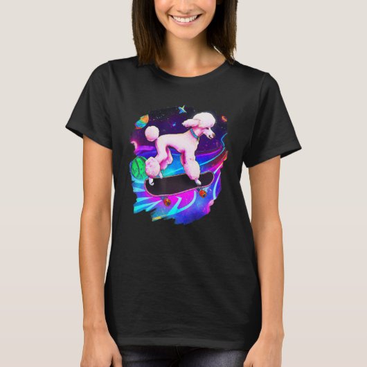 T-shirt Caniche faisant du skateboard dans l'espace rétro (Devant)