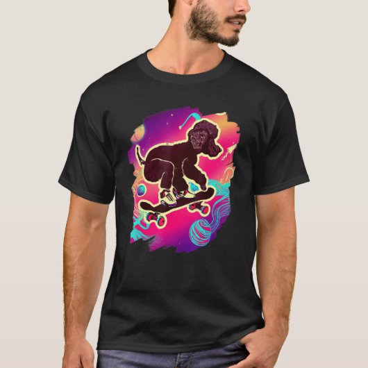 T-shirt Caniche faisant du skateboard dans l'espace rétro (Devant)