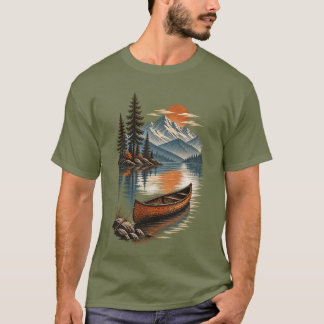 T-shirt Canot Vintage sous le Coucher de Soleil de Montagn