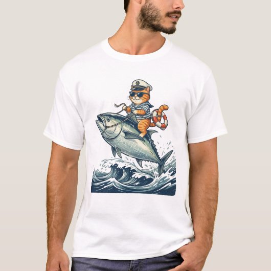 T-shirt Capitaine Chat Équitation Thon Géant Dessin de Pêc (Devant)