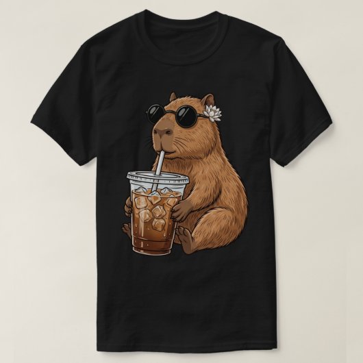 T-shirt Capybara drôle buvant un café glacé Mignon et cool (Design devant)