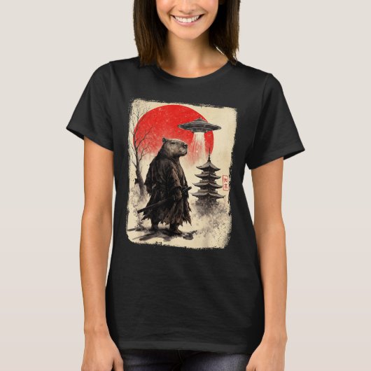 T-shirt Capybara Samurai Retro Ufo Japanese Warrior Tenshu (Devant)