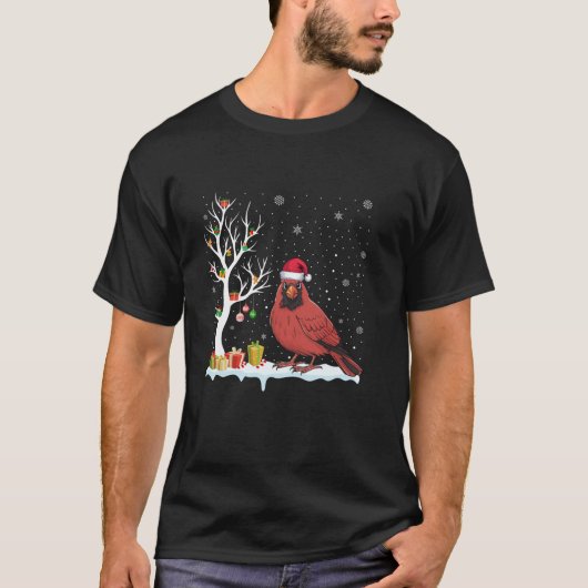 T-shirt Cardinal Bird Santa Hat Festive Tree Light Christa (Devant)