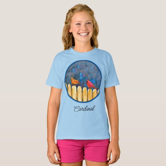 T-shirt Cardinals on the Fence Painting - Art original T-S (Devant entier)