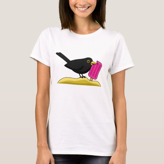 T-shirt Caricature Blackbird Manger Une Crème De Glace (Devant)