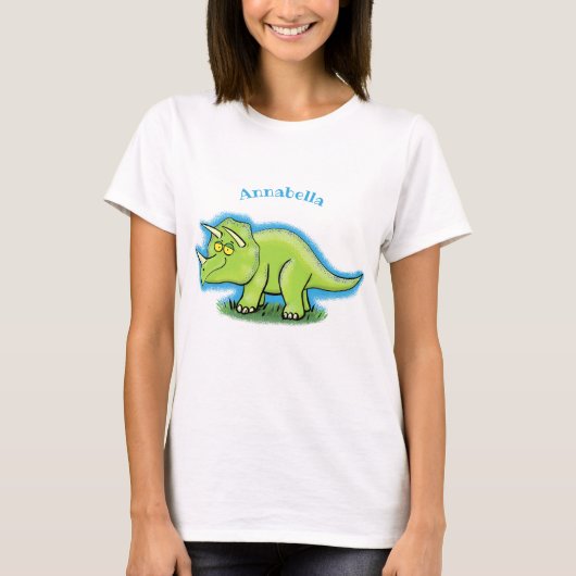 T-shirt Caricature de dinosaure de triceratops vert mignon (Devant)