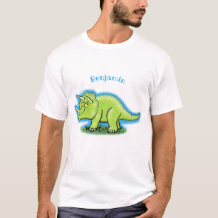 T-shirt Caricature de dinosaure de triceratops vert mignon