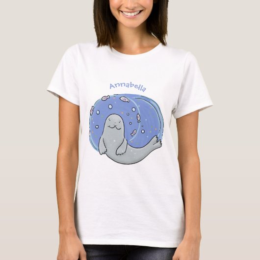 T-shirt Caricature joyeux de phoque et de poisson bleu (Devant)