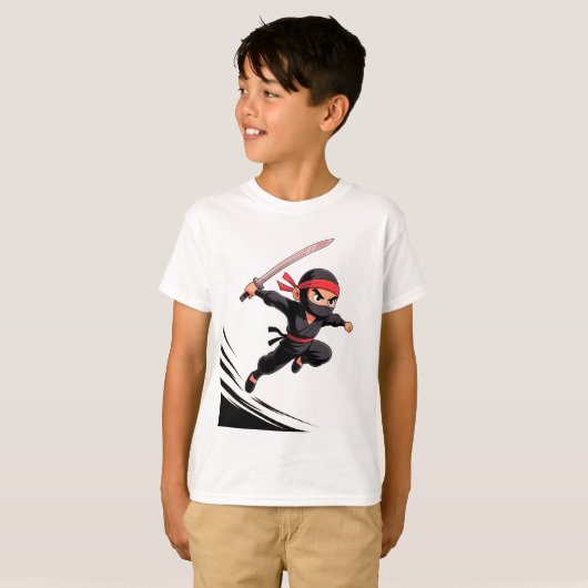 T-shirt Caricature mignonne Ninja Boy avec épée - Pose d'a (Devant entier)